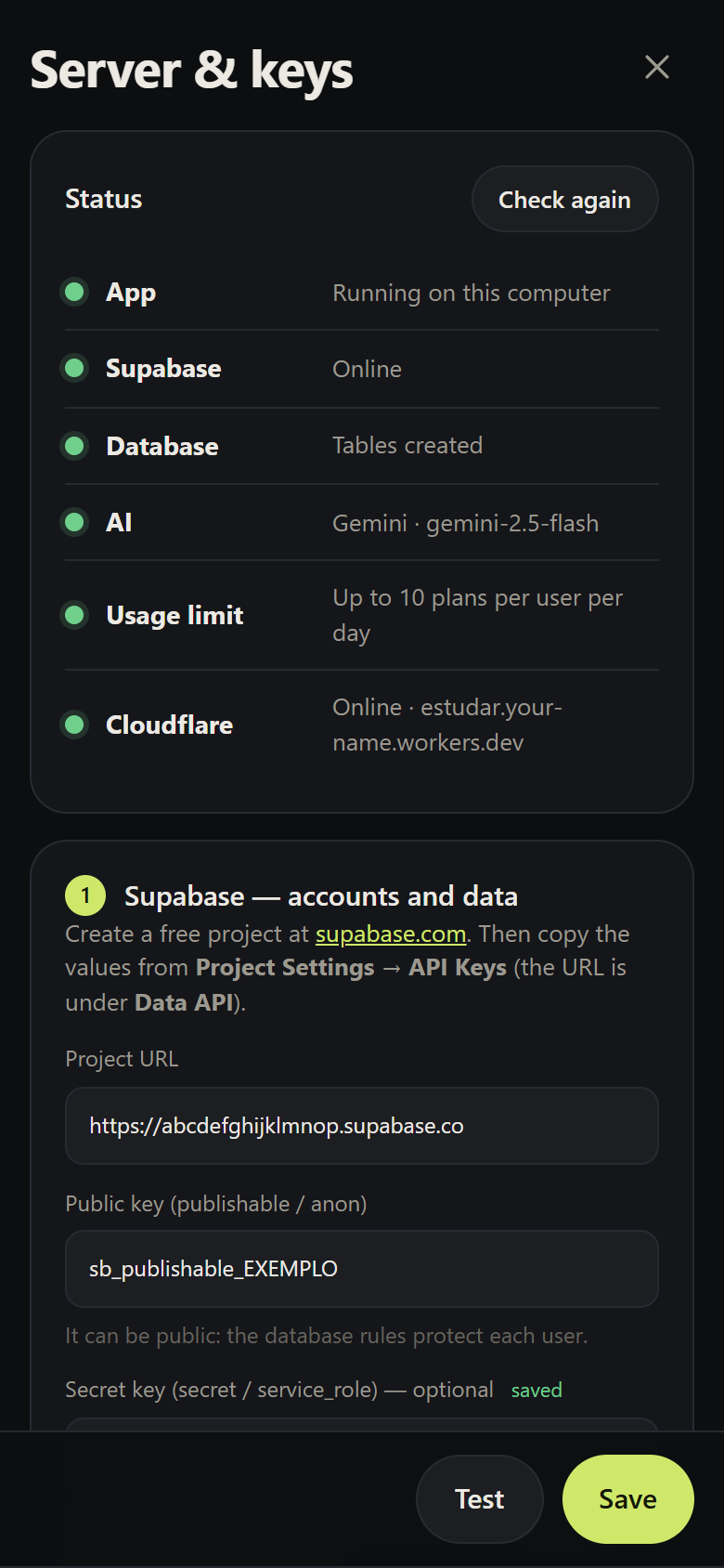 Status panel with one dot per service